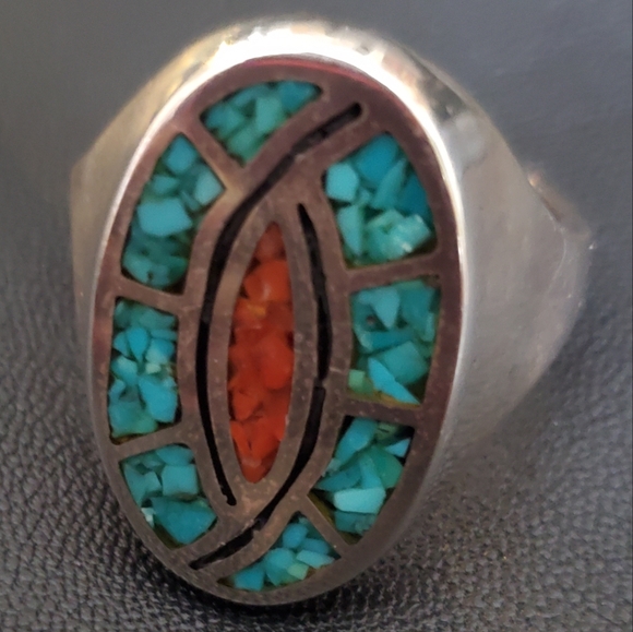 925 Sterling Silver Other - Native American Men's Sterling silver ring size 15 Coral Turquoise vintage